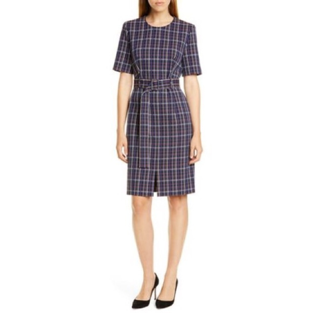 Hugo BOSS Ditania Check Ponte Knit Belted Dress